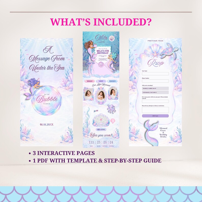 May include: Three digital interactive invitation pages with a mermaid theme, featuring pastel blue and purple underwater backgrounds, coral reefs, sea creatures, and text including A Message From Under the Sea, Mila's 6th Birthday, and RSVP.