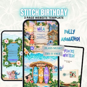 May include: A three-page digital birthday website template featuring Stitch and Lilo graphics. The screens display tropical beach themes, surfboards, and text including STITCH BIRTHDAY, FULLY ANIMATED, PLAYS MUSIC, TRY IT FREE, and YOU'RE INVITED.