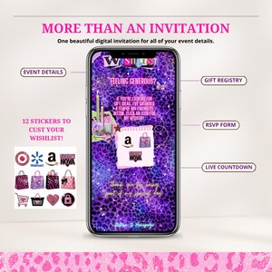 May include: A smartphone displaying a digital invitation with a purple leopard print background. The screen features the text 'MORE THAN AN INVITATION', 'FEELING GENEROUS?', and 'WISHLIST'. It includes 12 customizable stickers featuring retail logos and shopping bags.