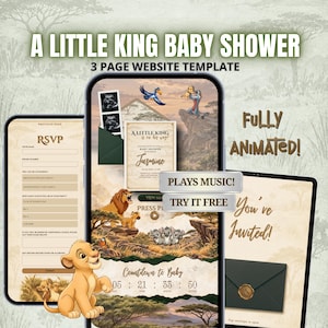 May include: A three-page website template for a baby shower featuring savanna-themed graphics, including a lion cub, a bird, and a monkey. The screens display text such as A LITTLE KING BABY SHOWER, RSVP, PLAYS MUSIC, and TRY IT FREE.