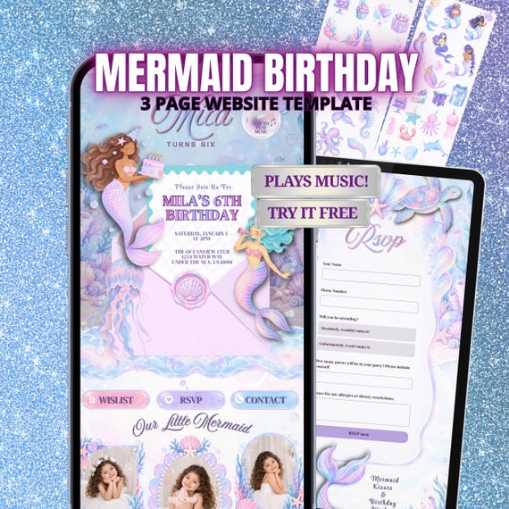 Mermaid Birthday Website Invitation with RSVP | Under the Sea Digital Invite | Editable Canva Template
