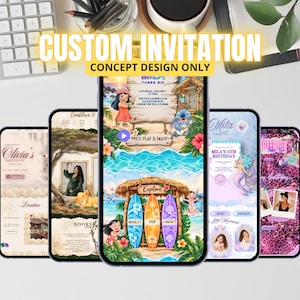 May include: A digital display showing multiple custom invitation templates for birthdays, featuring various themes including tropical beach scenes with cartoon characters, mermaid motifs, and leopard print patterns, with text overlays like CUSTOM INVITATION.