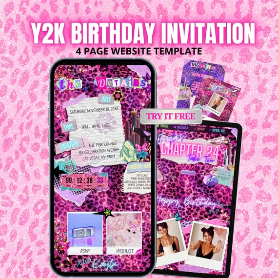 Y2K Maximalist Birthday Website Template | Interactive Canva Digital Invitation | Animated Pink Leopard 2000s Party