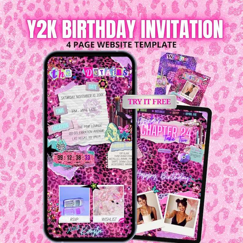 May include: A Y2K birthday invitation 4-page website template featuring a vibrant pink leopard print background. The digital display shows event details, a countdown timer, RSVP and wishlist sections, and photos, all styled with collage-like graphics.