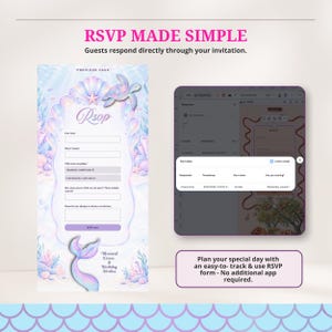 May include: A digital RSVP form template featuring a pastel underwater theme with a seashell, sea turtle, and mermaid tail. The form includes fields for name, phone number, attendance status, guest count, and dietary restrictions, plus a data tracking view.
