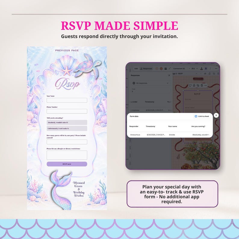 May include: A digital RSVP form template featuring a pastel underwater theme with a seashell, sea turtle, and mermaid tail. The form includes fields for name, phone number, attendance status, guest count, and dietary restrictions, plus a data tracking view.