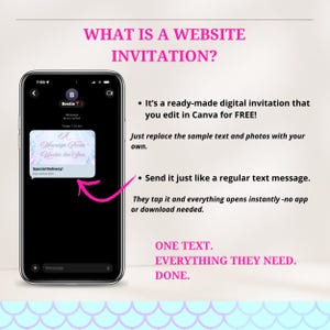 May include: A smartphone screen displays a text message conversation with a digital invitation link. The text reads: WHAT IS A WEBSITE INVITATION? It's a ready-made digital invitation that you edit in Canva for FREE! ONE TEXT. EVERYTHING THEY NEED. DONE.