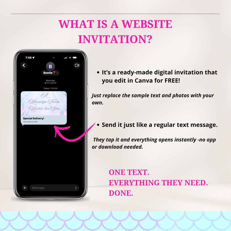 May include: A smartphone screen displays a text message conversation with a digital invitation link. The text reads: WHAT IS A WEBSITE INVITATION? It's a ready-made digital invitation that you edit in Canva for FREE! ONE TEXT. EVERYTHING THEY NEED. DONE.