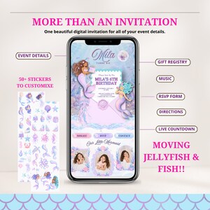 May include: A digital invitation displayed on a smartphone screen featuring a mermaid theme with the text Mila Turns Six and Mila's 6th Birthday. The interface includes sections for event details, gift registry, music, RSVP, directions, and a countdown.