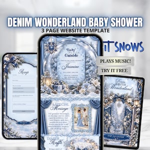 Op de afbeelding: Een driepaginasjabloon voor een website voor een babyshower met een denim- en winterthema. De schermen tonen blauwe gordijnen, besneeuwde bomen en tekst waaronder Denim Wonderland Baby Shower, Baby It's Cold Outside, Jasmine, RSVP en A Special Message.