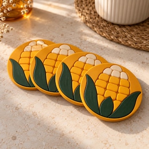 Puede incluir: Un juego de cuatro posavasos circulares, cada uno con un diseño en relieve estilizado de una mazorca de maíz. Los granos de maíz están representados en tonos amarillo y crema, mientras que las hojas son de color verde bosque oscuro.