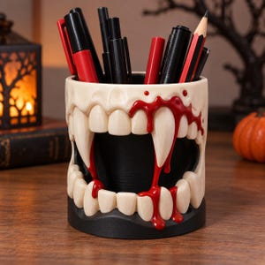 Vampire Fang Pen Holder | Spooky Halloween Desk Organizer | Gothic Dark Academia Decor