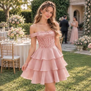 May include: A dusty rose off-the-shoulder dress featuring a structured corset-style bodice with vertical sequin embellishments and a multi-layered, flared skirt made of lightweight fabric that falls above the knee in a tiered design.