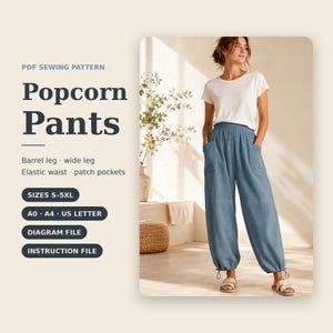 Op de afbeelding: Een PDF-naaipatroon voor Popcorn-broeken met een barrel-leg, wijde pijpen, elastische taille en opgestikte zakken. Het patroon bevat maten S-5XL, A0-, A4- en US Letter-formaten, samen met een diagrambestand en een instructiebestand voor het kledingstuk.