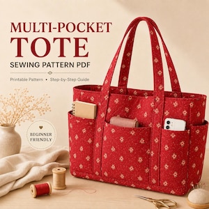 May include: A red tote bag with a small floral pattern, featuring multiple exterior pockets, two shoulder straps, and a structured rectangular base. The text reads MULTI-POCKET TOTE SEWING PATTERN PDF, Printable Pattern, Step-by-Step Guide, and BEGINNER FRIENDLY.