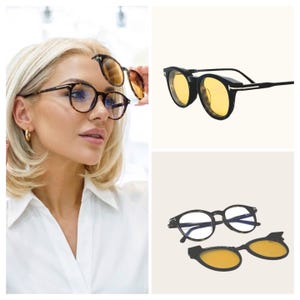May include: Tortoiseshell-patterned eyeglasses with clear lenses and a detachable black clip-on frame featuring yellow-tinted lenses. The frames have a rounded shape with a metallic T-shaped detail on the temples, providing a versatile eyewear option.