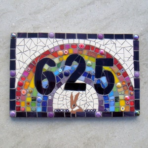 Rainbow Mosaic House Number, mosaic, house, sign, plaque, address sign, door numbers, rabbit, personalised,personalized