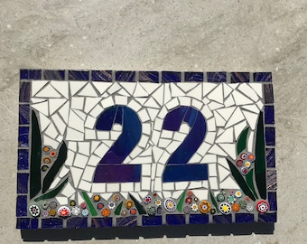 Mosaic house Number, sign, address plaque, House name, bespoke, number, custom ceramic, door plate, blue, cream