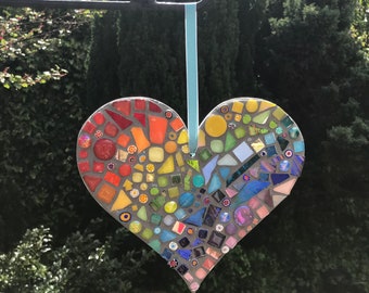 Hanging Mosaic Rainbow Heart Gift, Decoration, indoors, outdoor, Light catcher, medium heart, valentine gift,