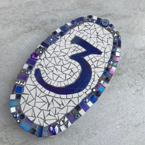 Outdoor Mosaic House Number, made with frost and UV safe materials glass, ceramic, glue and grout on a weatherproof Corian® base. image 4