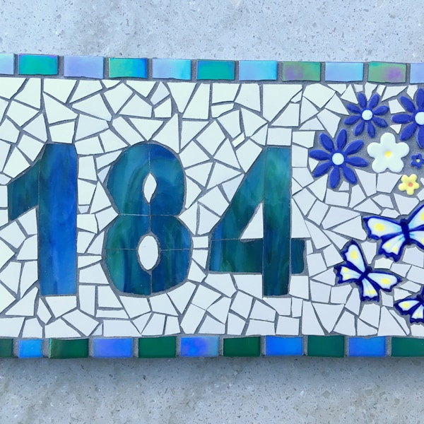 Mosaic House Name, Street Address,House Sign, Name Plaque,Yard Sign, Outdoor Sign, Kerb Appeal, Bespoke, Custom,Nameplate,Door, butterflies