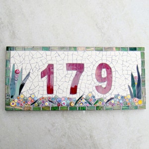 Outdoor Mosaic House Number, 3 digit, floral, dark red, plaque,sign, street address, door number, bespoke,custom, ceramic,glass, ooak image 1