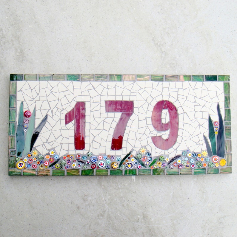 Outdoor Mosaic House Number, 3 digit, floral, dark red, plaque,sign, street address, door number, bespoke,custom, ceramic,glass, ooak image 1