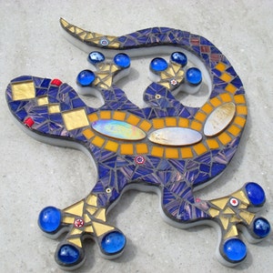 Outdoor Garden Decoration Ornament Mosaic Gecko Lizard Wall Plaque patio yard blue gift handmade uk custom bespoke OOAK lizard decor jungle image 1