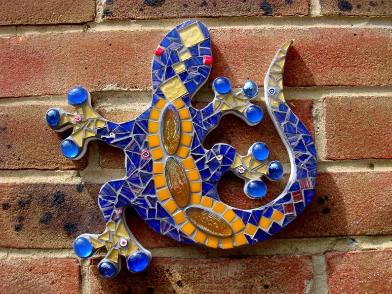 Outdoor Garden Decoration Ornament Mosaic Gecko Lizard Wall Plaque patio yard blue gift handmade uk custom bespoke OOAK lizard decor jungle image 4