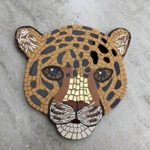 Mosaic Leopard wall plaque, made to order, jungle, big cats, gift idea, spotted leopard cat, safari, leopard head, face, wall decor, hanging image 1