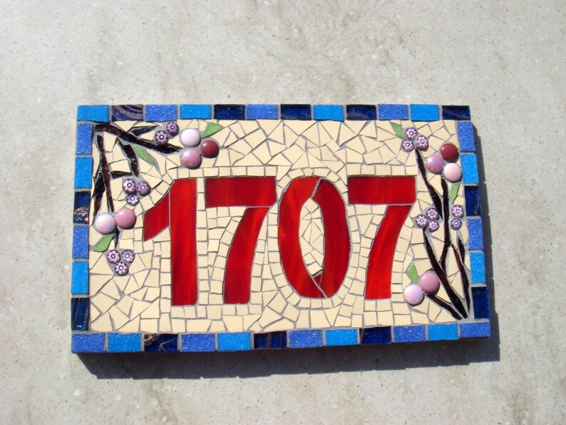 Mosaic House Number, Sign, Plaque, Street Address, custom, Yard Art, Bespoke Number,Digit, Outdoor,Wall hanging,ornament,Glass,door number, image 3