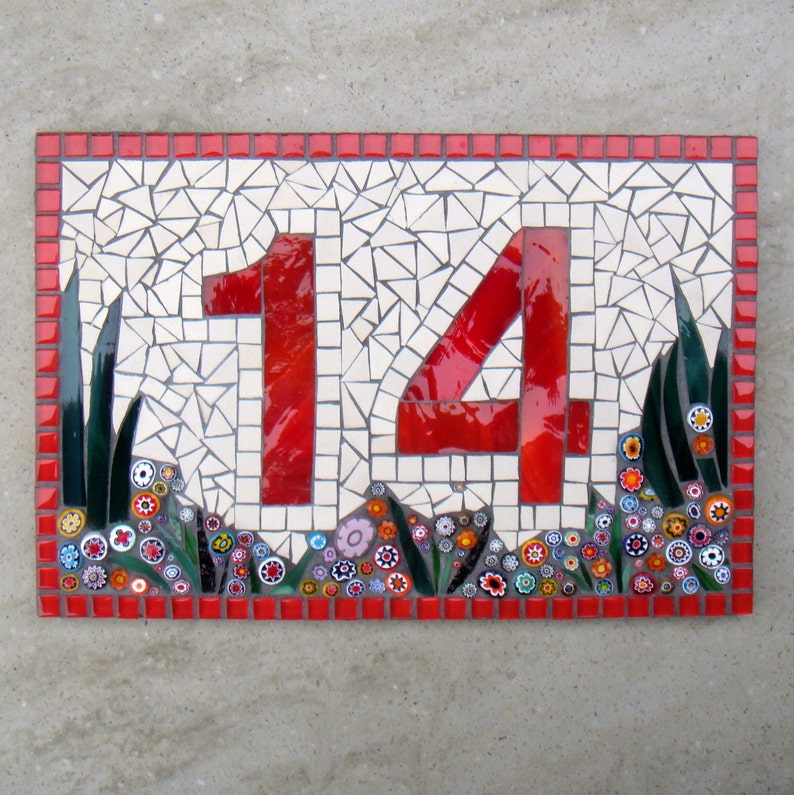 Custom Mosaic House Number, Sign, Plaque, Street Address, Yard Art, Bespoke Number,Digit, Outdoor,Wall hanging,ornament,Glass,door number, image 1