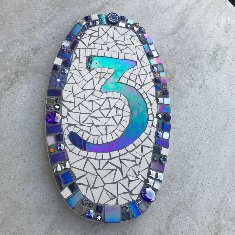 Outdoor Mosaic House Number, made with frost and UV safe materials glass, ceramic, glue and grout on a weatherproof Corian® base. image 3