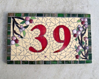 Mosaic house Number, Street sign, Address plaque, door number, ceramic number, glass number, 2 digit house number,red number,