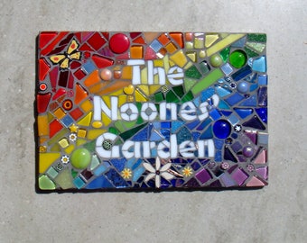 Rainbow Mosaic Garden Sign, personalised plaque, Garden decoration, bespoke garden name plaque, Garden ornament, Yard sign, yard ornament