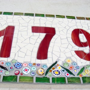 Outdoor Mosaic House Number, 3 digit, floral, dark red, plaque,sign, street address, door number, bespoke,custom, ceramic,glass, ooak image 2