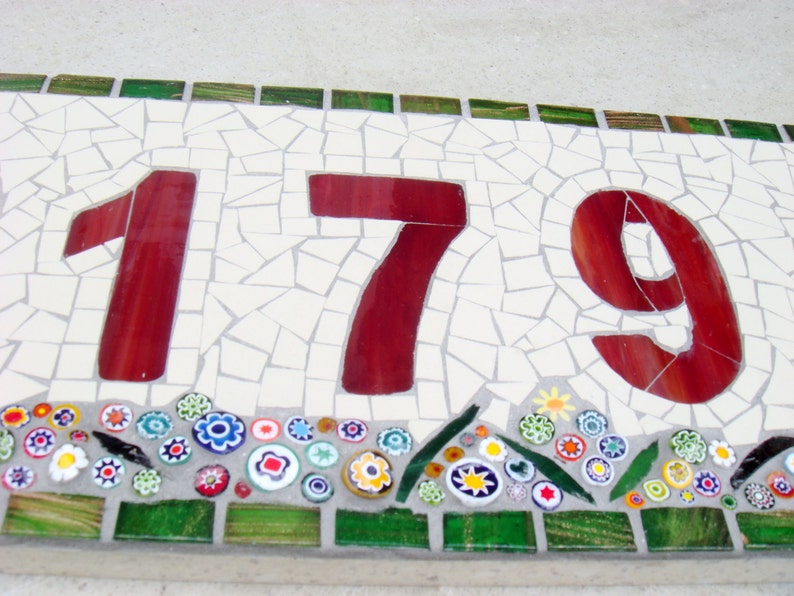 Outdoor Mosaic House Number, 3 digit, floral, dark red, plaque,sign, street address, door number, bespoke,custom, ceramic,glass, ooak image 2