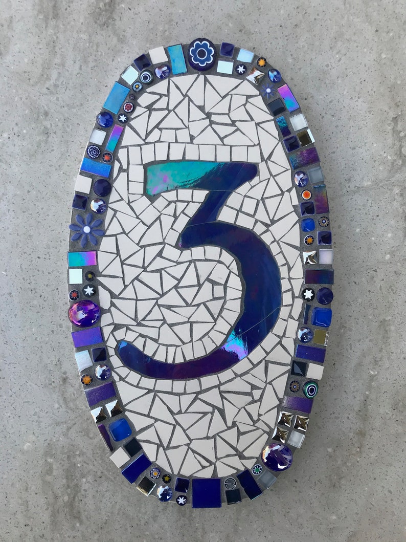 Outdoor Mosaic House Number, made with frost and UV safe materials glass, ceramic, glue and grout on a weatherproof Corian® base. image 1