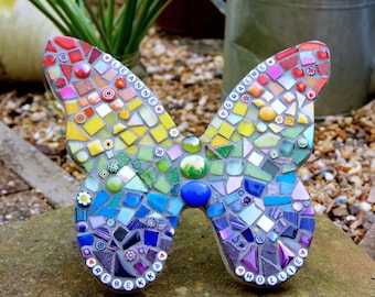 Rainbow Mosaic Personalised Butterfly Garden ornament, gift for her, memorial plaque, yard art, wall plaque, mosaic butterfly, outdoor decor