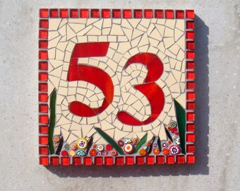 Mosaic house Number, Street sign, Address plaque, door number, ceramic number, glass number, 2 digit house number, red number, 7 inch