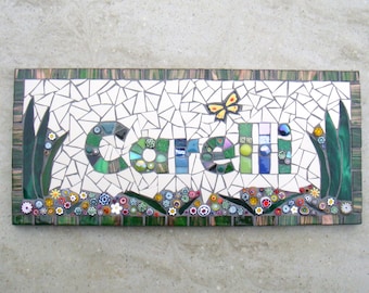 Mosaic House Name, number, door plate, door name, house name, street sign, yard art, outdoor, plaque, sign, bespoke, made to order, custom,