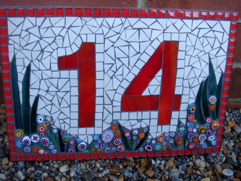 Custom Mosaic House Number, Sign, Plaque, Street Address, Yard Art, Bespoke Number,Digit, Outdoor,Wall hanging,ornament,Glass,door number, image 2