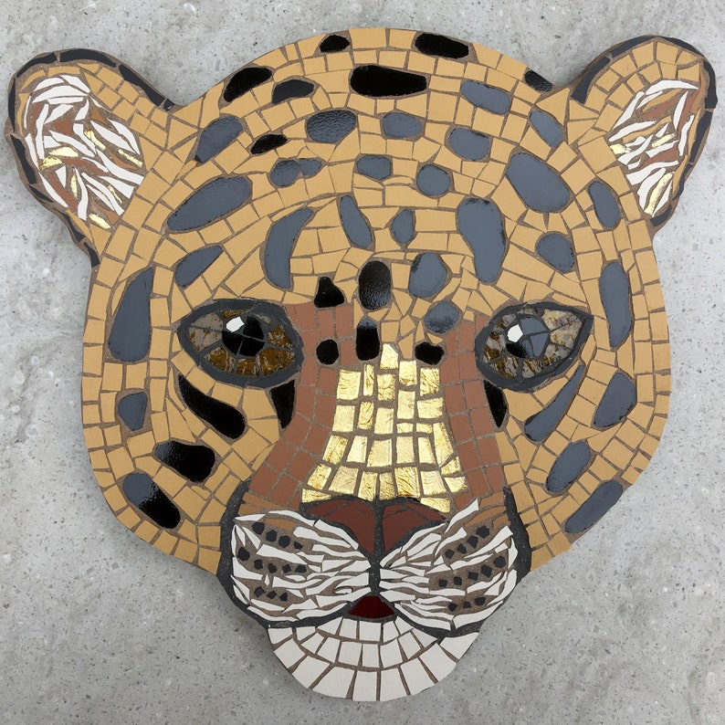 Mosaic Leopard wall plaque, made to order, jungle, big cats, gift idea, spotted leopard cat, safari, leopard head, face, wall decor, hanging image 7