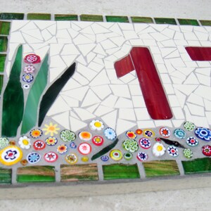 Outdoor Mosaic House Number, 3 digit, floral, dark red, plaque,sign, street address, door number, bespoke,custom, ceramic,glass, ooak image 4