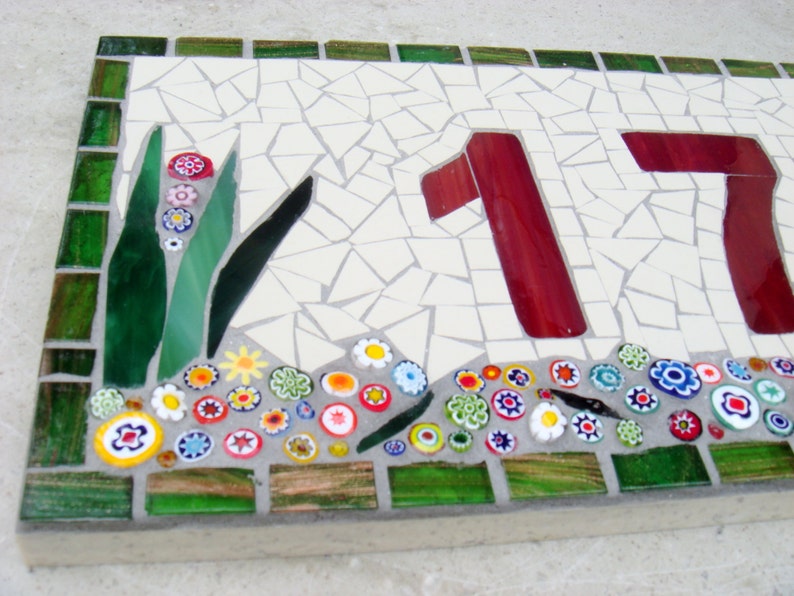 Outdoor Mosaic House Number, 3 digit, floral, dark red, plaque,sign, street address, door number, bespoke,custom, ceramic,glass, ooak image 4