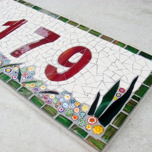 Outdoor Mosaic House Number, 3 digit, floral, dark red, plaque,sign, street address, door number, bespoke,custom, ceramic,glass, ooak image 3