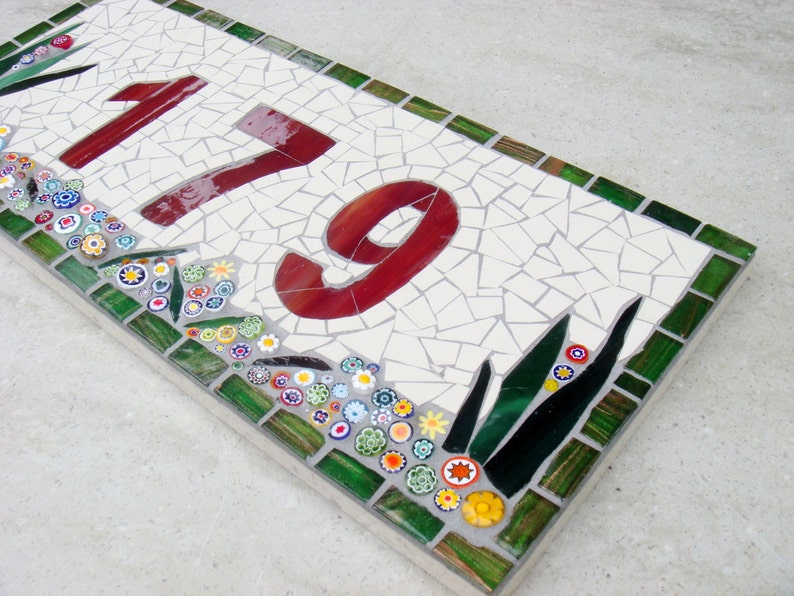 Outdoor Mosaic House Number, 3 digit, floral, dark red, plaque,sign, street address, door number, bespoke,custom, ceramic,glass, ooak image 3