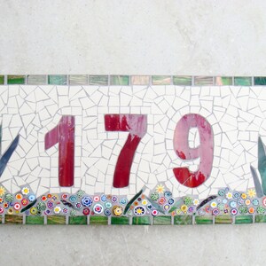 Outdoor Mosaic House Number, 3 digit, floral, dark red, plaque,sign, street address, door number, bespoke,custom, ceramic,glass, ooak image 5