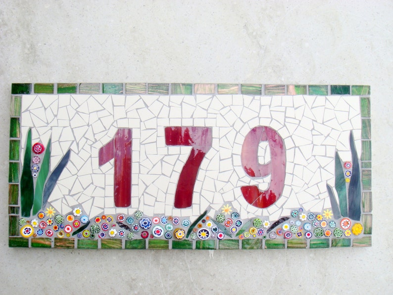 Outdoor Mosaic House Number, 3 digit, floral, dark red, plaque,sign, street address, door number, bespoke,custom, ceramic,glass, ooak image 5