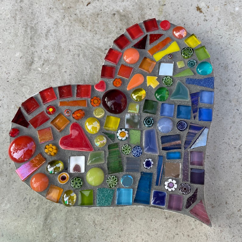 Mosaic Rainbow Heart Ornament, Inside or out, garden, patio, porch, yard, fence, love heart, gift, personalised, mum, memorial,pet,wife,15cm image 1